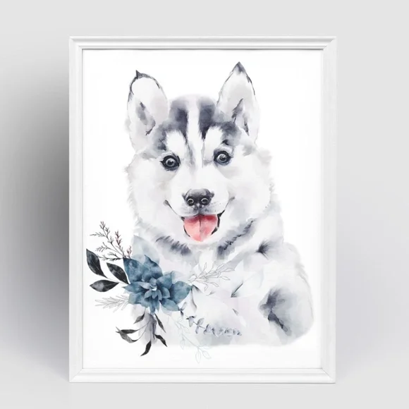 Watercolor Wall Art Husky Puppy Portrait Print Unframed - Picture 6 of 8